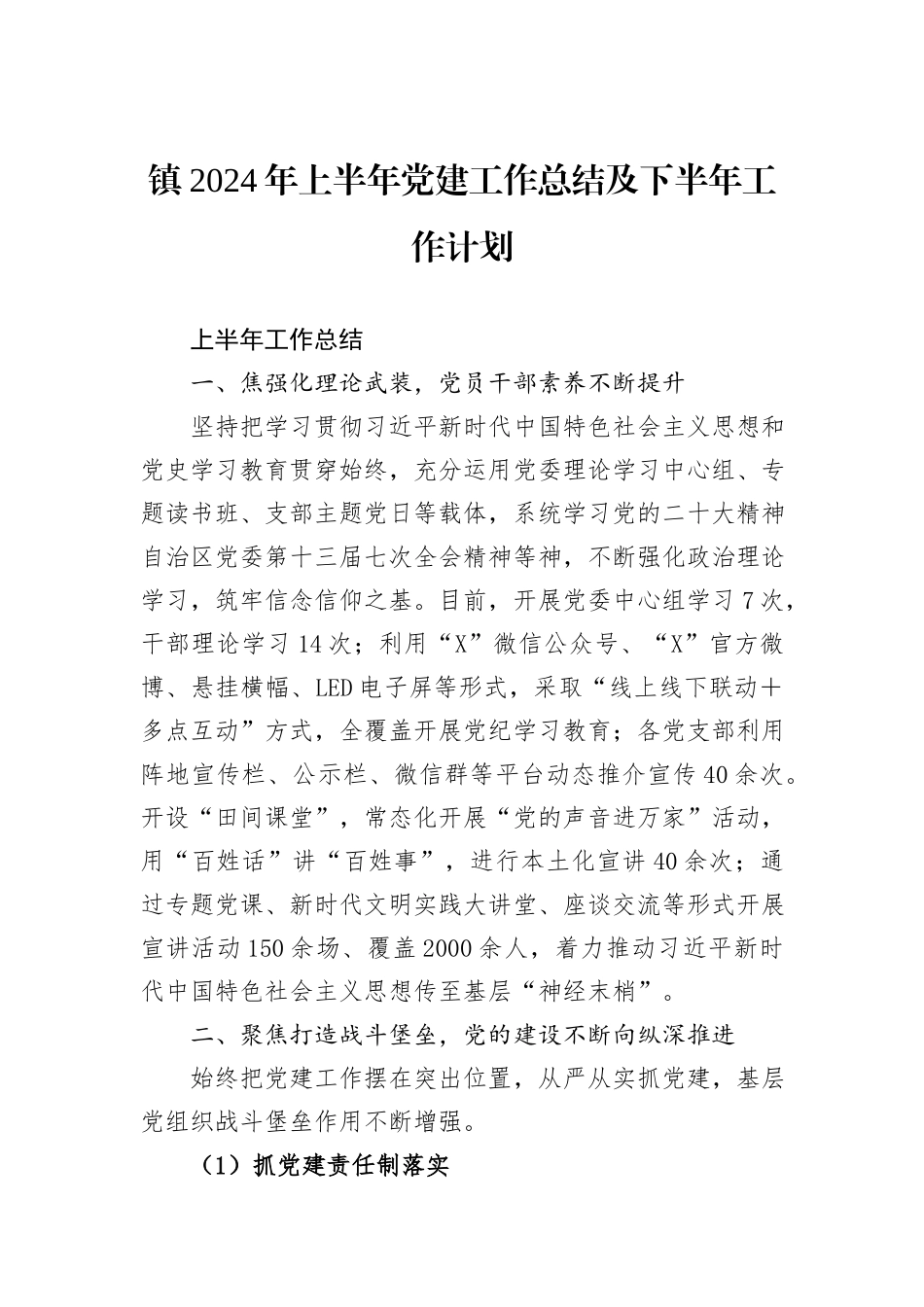 镇2024年上半年党建工作总结及下半年工作计划_第1页