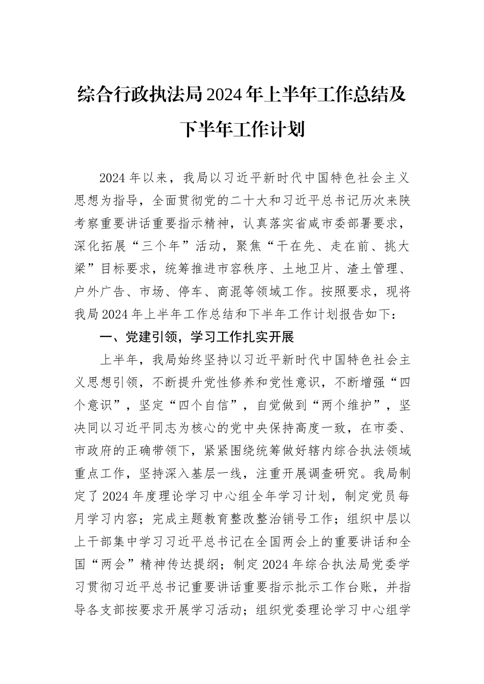 综合行政执法局2024年上半年工作总结及下半年工作计划_第1页