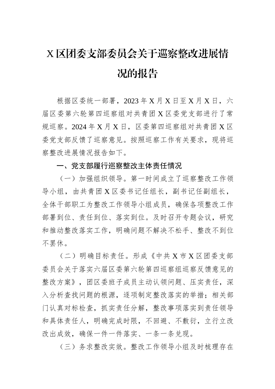 X区团委支部委员会关于巡察整改进展情况的报告_第1页