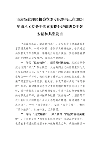 市应急管理局机关党委专职副书记在2024年市机关党务干部素养提升培训班关于延安精神典型发言