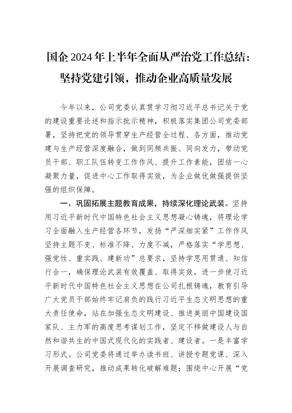 国企2024年上半年全面从严治党工作总结：坚持党建引领，推动企业高质量发展_第1页