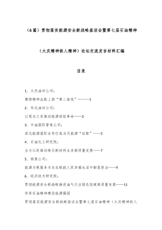 （6篇）贯彻落实能源安全新战略座谈会暨第七届石油精神（大庆精神铁人精神） 论坛交流发言材料汇编