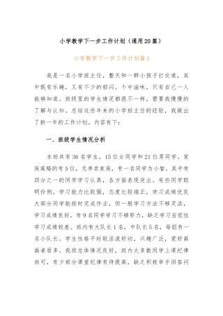 (20篇)小学教学下一步工作计划