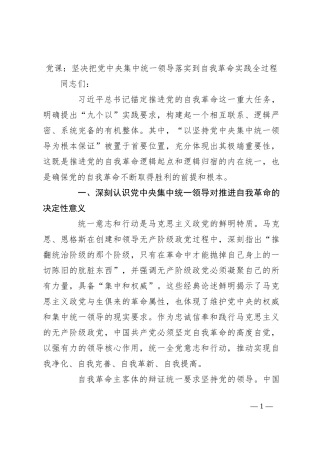 党课：坚决把党中央集中统一领导落实到自我革命实践全过程