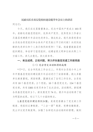 民政局长在基层党组织建设提升年会议上的讲话
