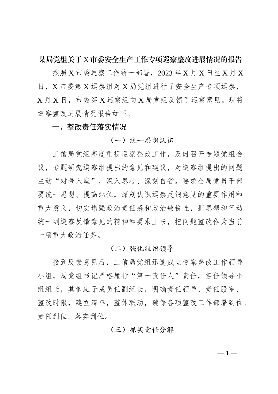 某局党组关于X市委安全生产工作专项巡察整改进展情况的报告_第1页