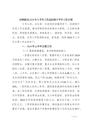 区财政局2024年上半年工作总结和下半年工作计划