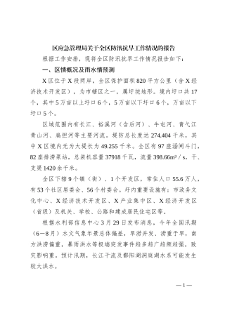 区应急管理局关于全区防汛抗旱工作情况的报告