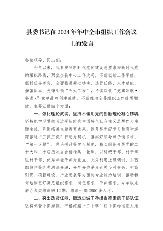 县委书记在2024年年中全市组织工作会议上的发言