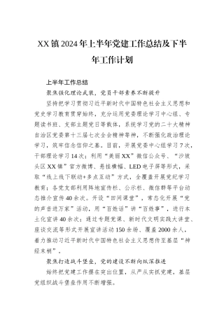 XX镇2024年上半年党建工作总结及下半年工作计划