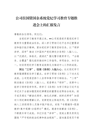 公司在国资国企系统党纪学习教育专题推进会上的汇报发言