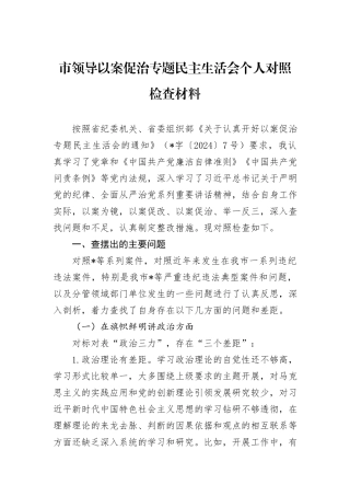 市领导以案促治专题民主生活会个人对照检查材料
