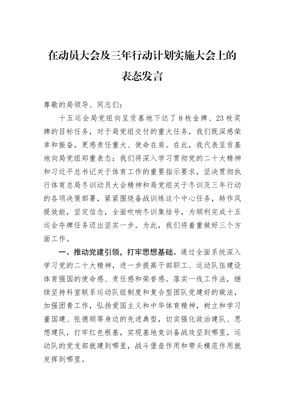 在动员大会及三年行动计划实施大会上的表态发言_第1页