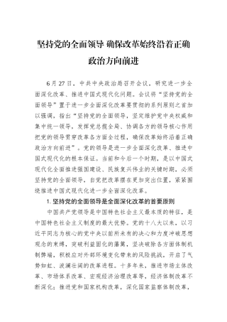 坚持党的全面领导+确保改革始终沿着正确政治方向前进