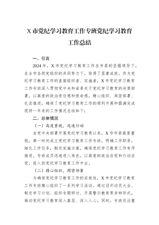 X市党纪学习教育工作专班党纪学习教育工作总结