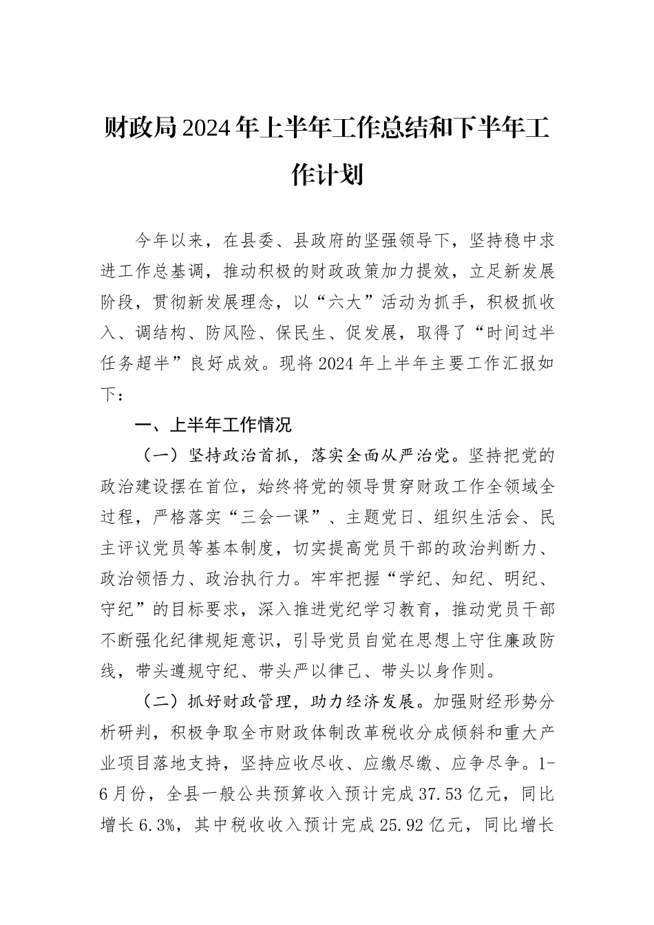 财政局2024年上半年工作总结和下半年工作计划_第1页