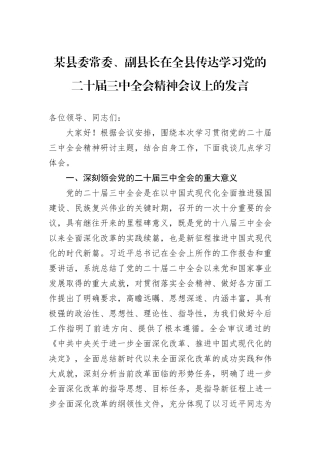 某县委常委、副县长在全县传达学习党的二十届三中全会精神会议上的发言