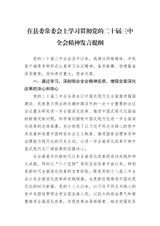 在县委常委会上学习贯彻党的二十届三中全会精神发言提纲