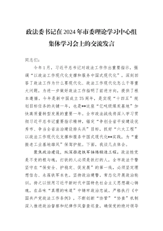 政法委书记在2024年市委理论学习中心组集体学习会上的交流发言