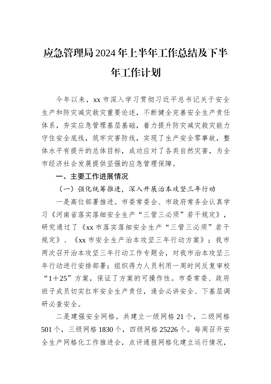应急管理局2024年上半年工作总结及下半年工作计划_第1页