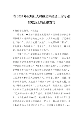 在2024年发展壮大村级集体经济工作专题推进会上的汇报发言