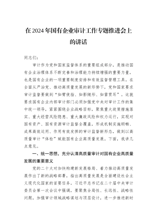 在2024年国有企业审计工作专题推进会上的讲话