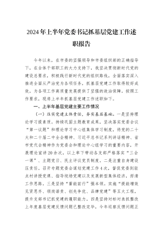 2024年上半年党委书记抓基层党建工作述职报告