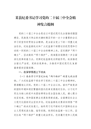 某县纪委书记学习党的二十届三中全会精神发言提纲