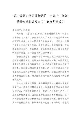第一议题：学习贯彻党的二十届三中全会精神交流研讨发言（生态文明建设）