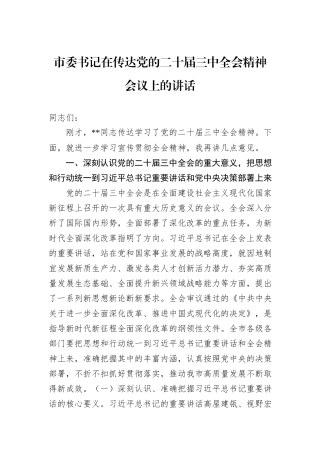 市委书记在传达党的二十届三中全会精神会议上的讲话