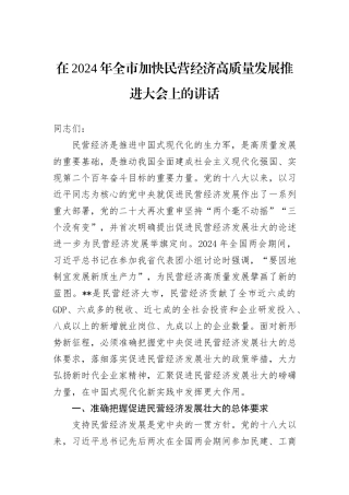 在2024年全市加快民营经济高质量发展推进大会上的讲话