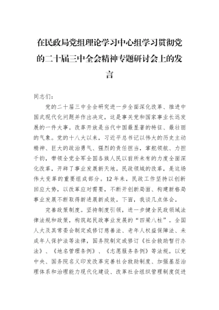 在民政局党组理论学习中心组学习贯彻党的二十届三中全会精神专题研讨会上的发言