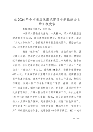 在2024年全市基层党组织建设专题推进会上的汇报发言