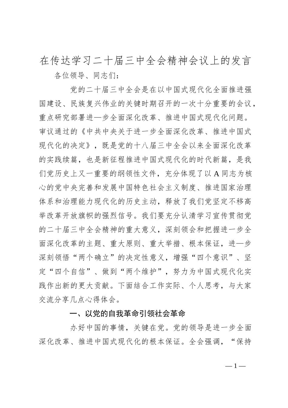 在传达学习二十届三中全会精神会议上的发言_第1页