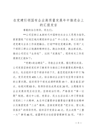 在党建引领国有企业高质量发展年中推进会上的汇报发言