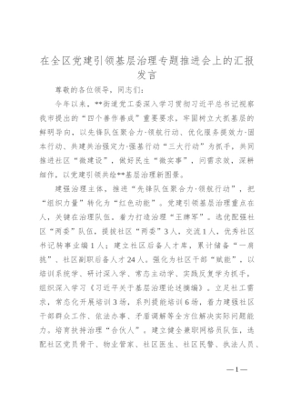 在全区党建引领基层治理专题推进会上的汇报发言