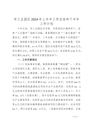 市工业园区2024年上半年工作总结和下半年工作计划