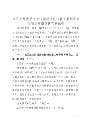 市公安局党委关于巩固政法队伍教育整顿成果专项巡察整改情况的报告