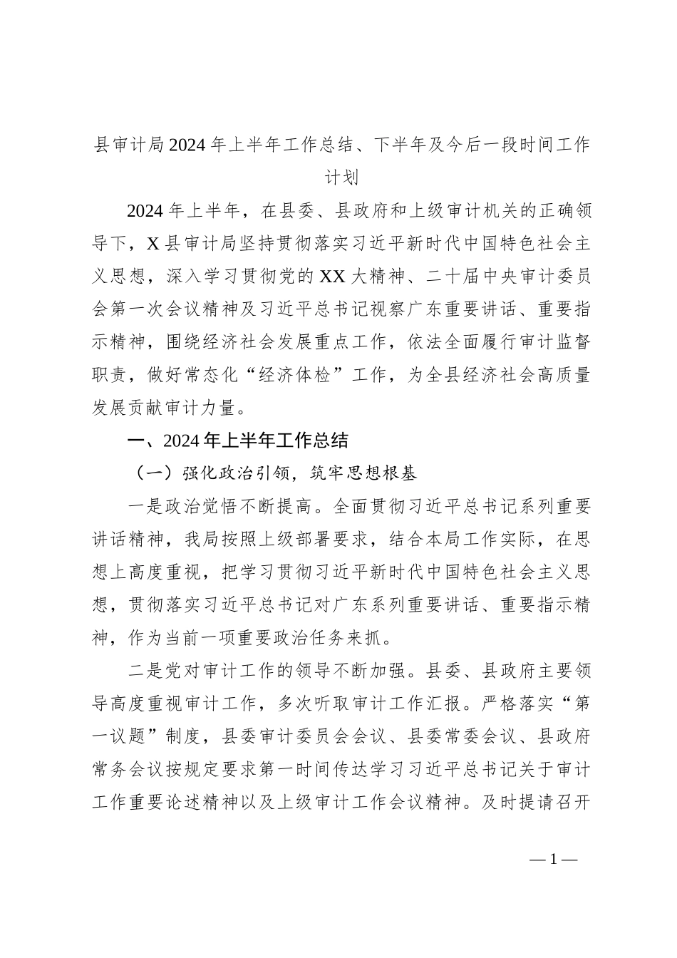 县审计局2024年上半年工作总结、下半年及今后一段时间工作计划_第1页
