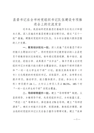 县委书记在全市村党组织书记队伍建设专项推进会上的交流发言