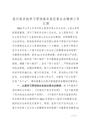 县行政系统学习贯彻落实县纪委全会精神工作汇报