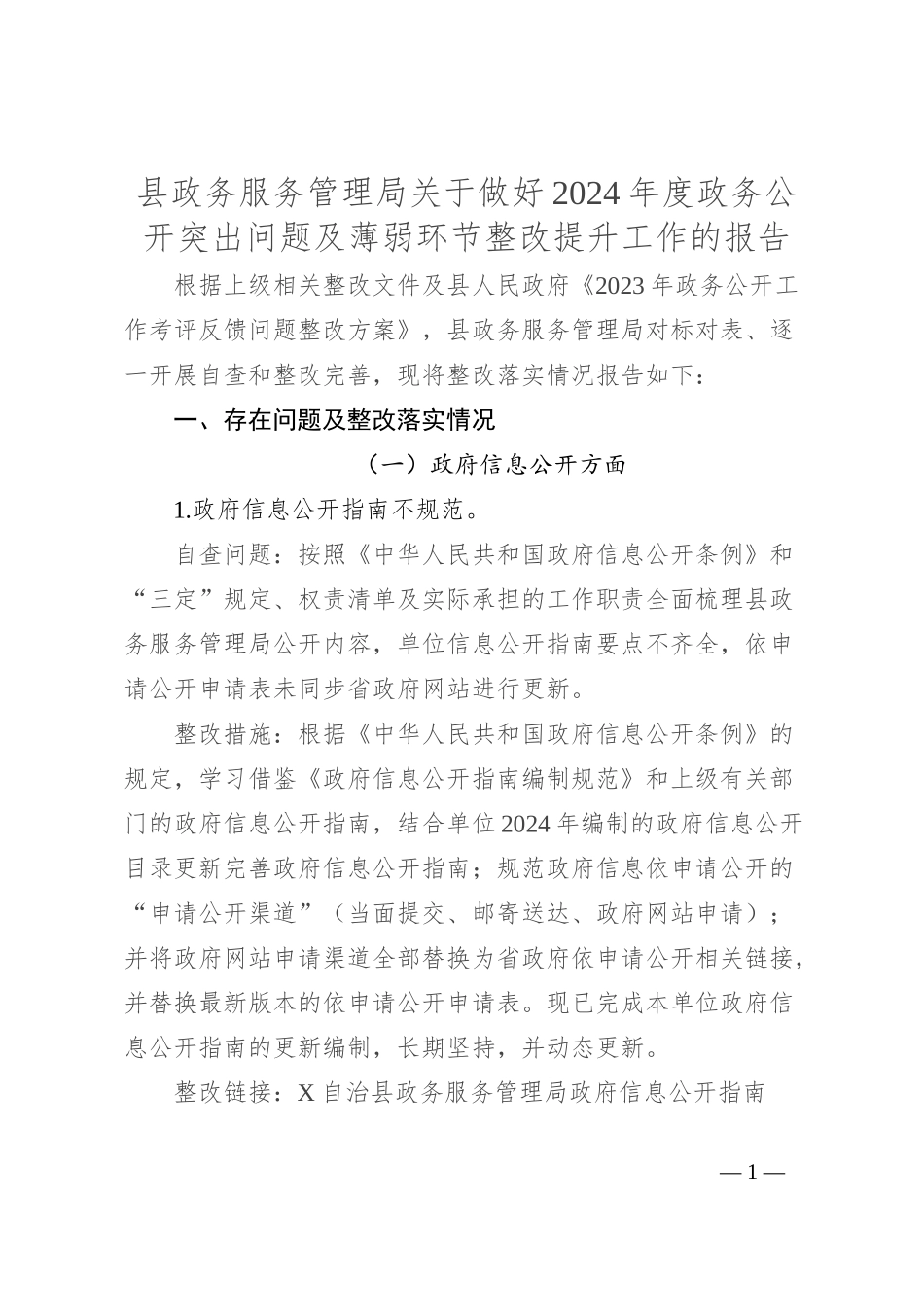 县政务服务管理局关于做好2024年度政务公开突出问题及薄弱环节整改提升工作的报告_第1页