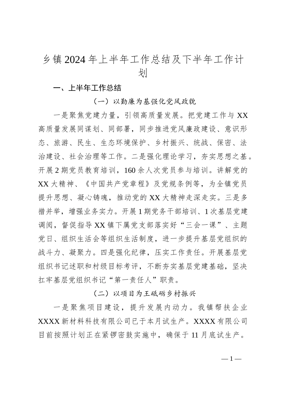 乡镇2024年上半年工作总结及下半年工作计划_第1页