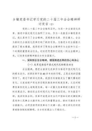 乡镇党委书记学习党的二 十届三 中全会精神研讨发言（2）