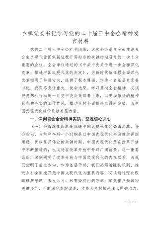 乡镇党委书记学习党的二十届三中全会精神发言材料