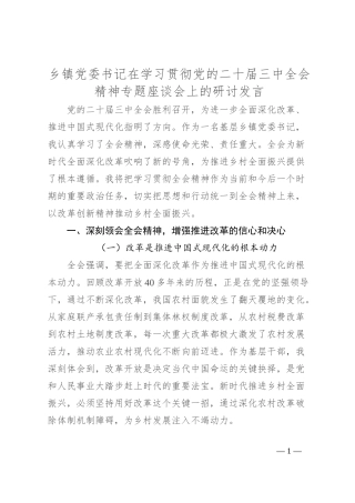 乡镇党委书记在学习贯彻党的二 十届三 中全会精神专题座谈会上的研讨发言