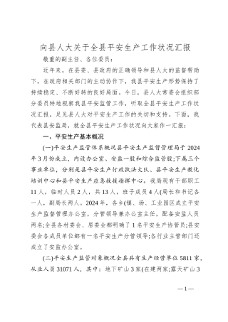 向县人大关于全县平安生产工作状况汇报