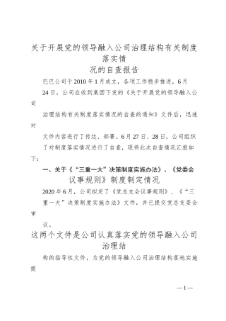 关于开展党的领导融入公司治理结构有关制度落实情