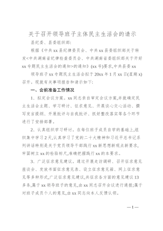 关于召开领导班子主体民主生活会的请示