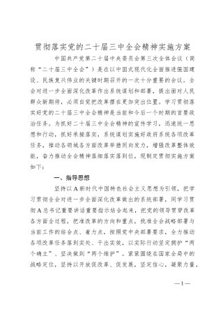 贯彻落实党的二十届三中全会精神实施方案